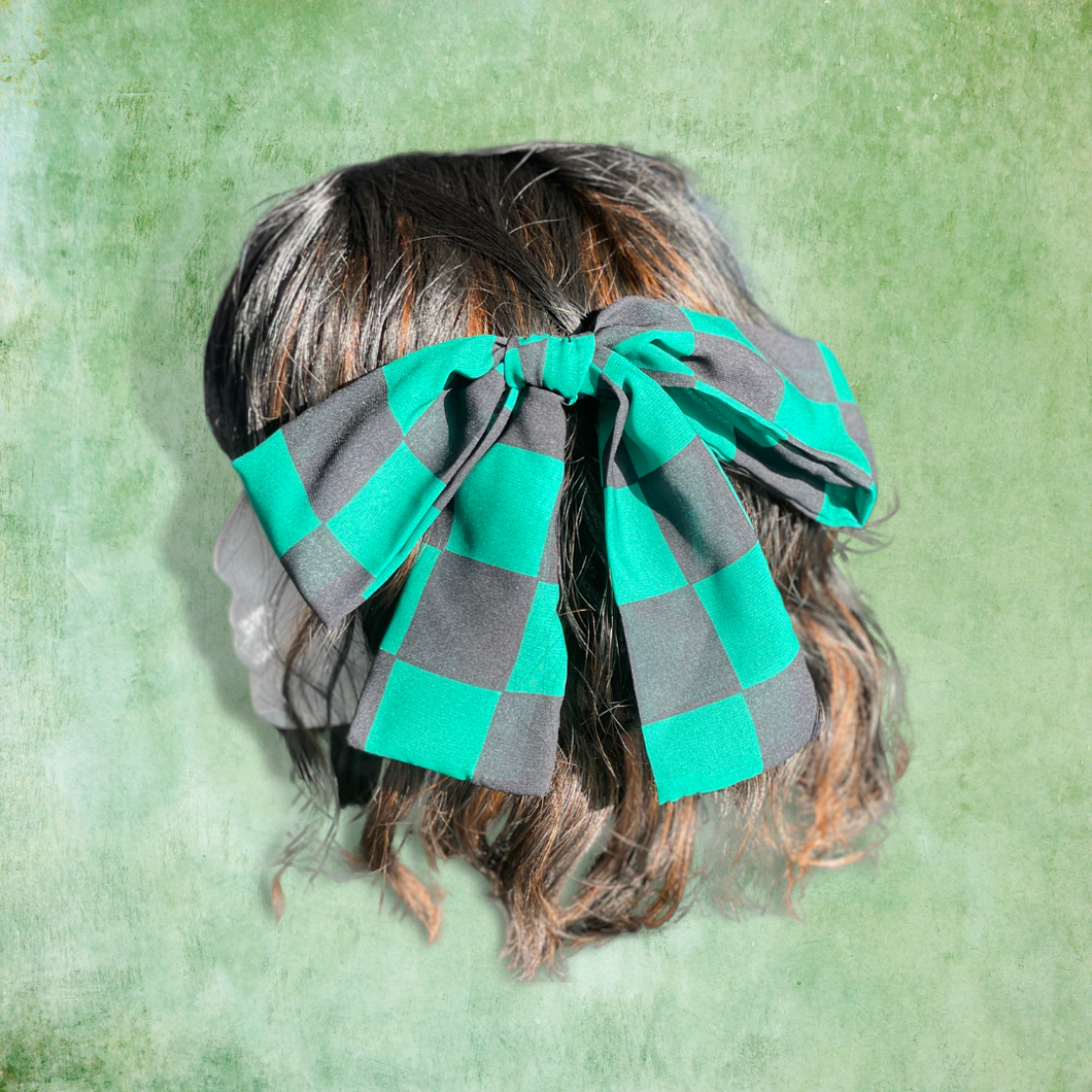 Japanese Over-sized Hair Bow | Anime KNY | Black and Green Checkers